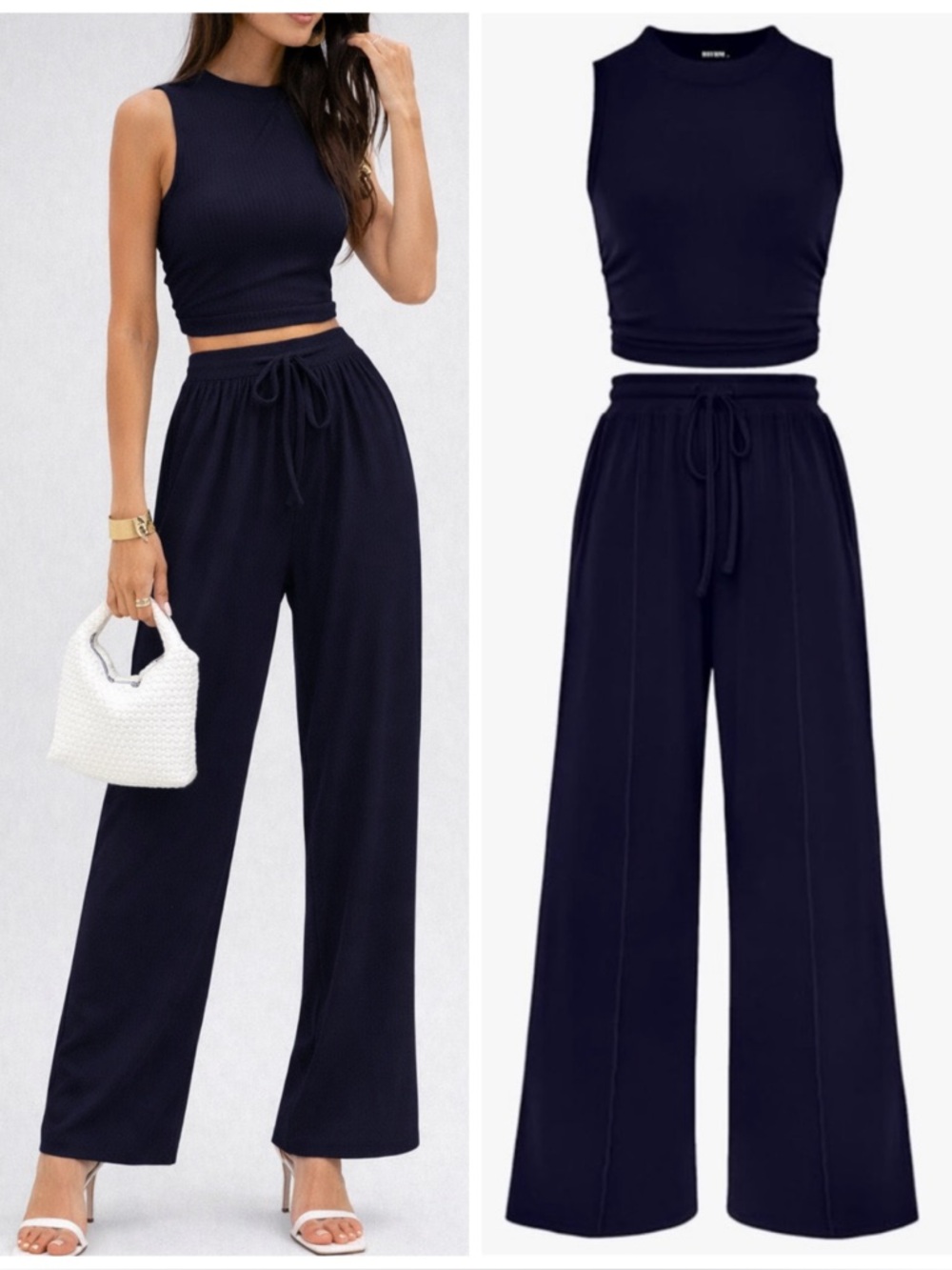 NWT BTFBM Set 2 Piece Outfit Sleeveless Top Waist Wide Leg Pants Navy Blue